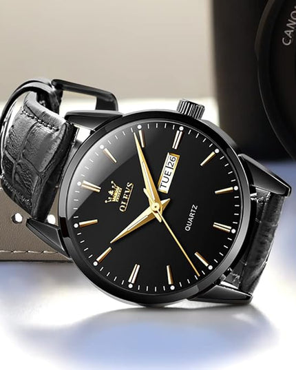 OLEVS Watches for Men Brown Leather Gold Case Analog Quartz Fashion Business Dress Watch Day Date Luminous Waterproof Casual Male Wrist Watches