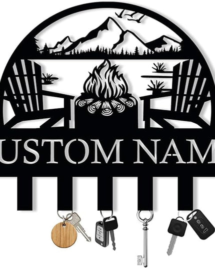 Personalized Campfire Design Metal Key Holder for Wall, Metal Wall Mount Custom Name Hooks, Cabin Key Hooks, Camp Area Key Hanger Decor, Key Rack for Farmhouse, Key Organizer for Living Room, Entryway
