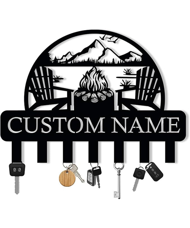 Personalized Campfire Design Metal Key Holder for Wall, Metal Wall Mount Custom Name Hooks, Cabin Key Hooks, Camp Area Key Hanger Decor, Key Rack for Farmhouse, Key Organizer for Living Room, Entryway