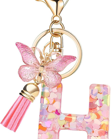Fashion Alphabet Initial Letter Keychain Tassel Butterfly Pendant Key Ring for Purse Handbags Women Girl
