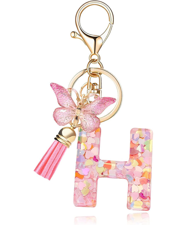 Fashion Alphabet Initial Letter Keychain Tassel Butterfly Pendant Key Ring for Purse Handbags Women Girl