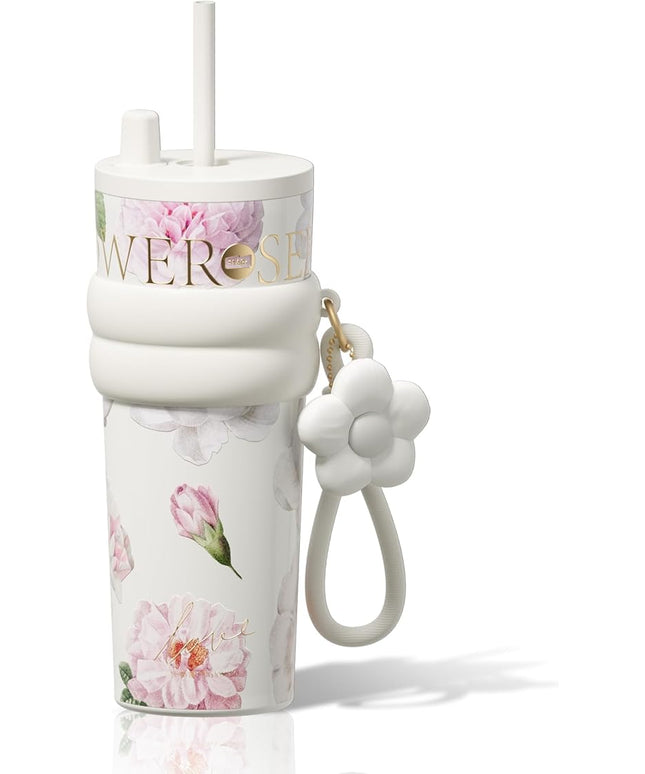 24 oz Stainless Steel Tumbler with Lid and Straw, Insulated Coffee Mug, Leak Proof, Portable Iced Travel Water Bottle, Reusable Thermal Coffee Cup, Floral White