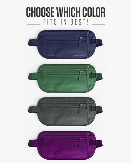 VENTURE 4TH Money Belt for Travel – Hidden Under-Clothes RFID Blocking Passport Holder & Slim Travel Wallet Pouch for Men & Women to Protect Cash, Cards & Documents (Sleek Navy Blue)