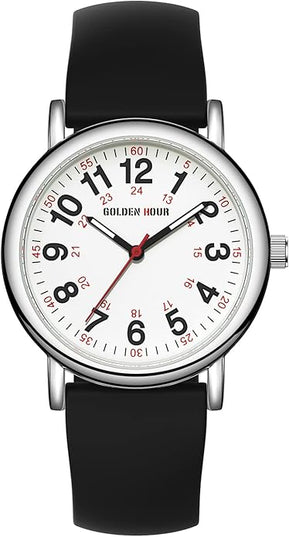 GOLDEN HOUR Waterproof Nurse Watch for Medical Professionals, Students Women Men - Military Time Luminouse Easy Read Dial, 24 Hour with Second Hand, Colorful Silicone Band