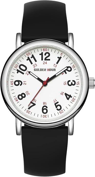 GOLDEN HOUR Waterproof Nurse Watch for Medical Professionals, Students Women Men - Military Time Luminouse Easy Read Dial, 24 Hour with Second Hand, Colorful Silicone Band