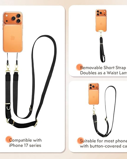 WEZEBEL Black Crossbody Strap for Cell Phone, Adjustable Nylon Lanyard & Accessory Kit for iPhone– Available in Black, Red, Pink, Orange