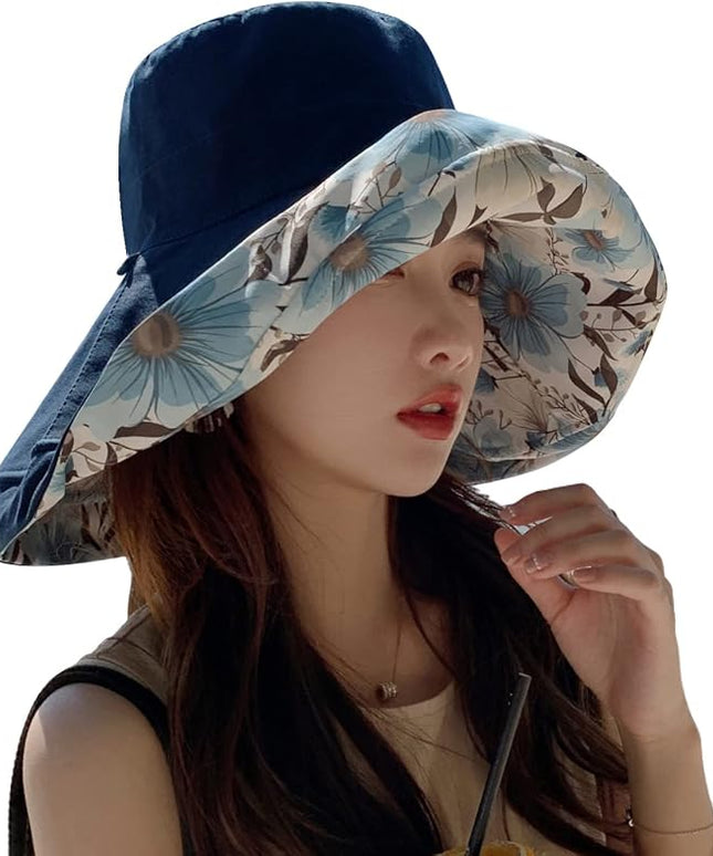HUAMULAN Women Summer Sun Hat Wide Brim Wired Edge Floral Beach Bucket Hats Reversible Foldable Travel UV Protection Lady Hat