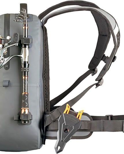 Xelfly - Waterproof Fishing Backpack with Rod Holder, Inflatable Air Valve, Padded Waist Straps & Gear Loops - Submersible Zipper, Rugged Top Handle, Adjustable Attachments (Blue)