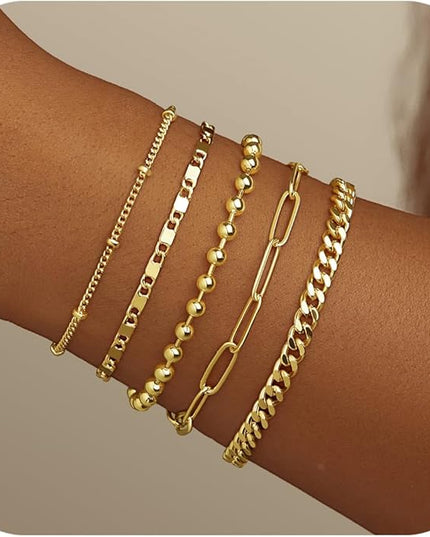 Gold Bracelets Set for Women Stack, Dainty Thick Bracelets Stack for Women Trendy, Simple Thin Gold Plated Cuff Stackable Bracelets With Beaded Cuban Paperclip Snake Rope Bangle Hand Chain Jewelry Gifts for Women Non Tainish