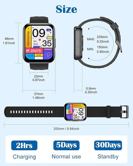 RUIMEN Smart Watches for Men Women (Answer/Make Calls) Compatible with iPhone/Android Phones, 1.85" HD Screen Fitness Tracker Heart Rate Monitor 100+ Sports Tracker Watch Waterproof (Black)