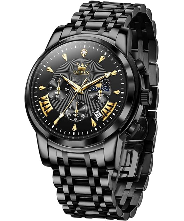 OLEVS Men's Luxury Watch Waterproof Luminous Easy Read Chronograph Watches Full Gold/White Dail/Black Face with Calendar Wristwatch