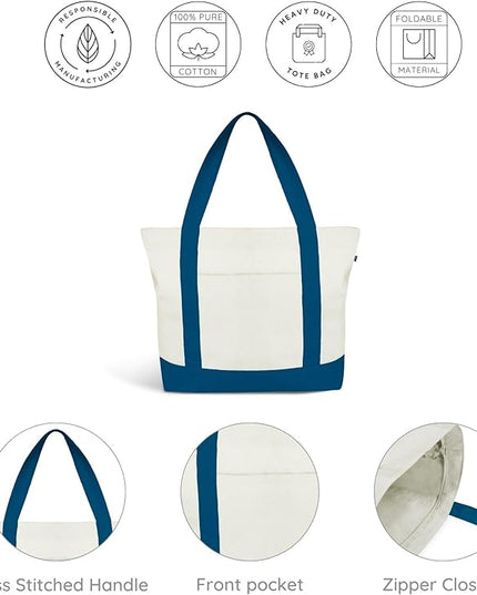 Eco Right Canvas Tote Bag for Women with Zip & Inner Pocket, 100% Organic Cotton Tote Bags for Men, Shopping, Beach