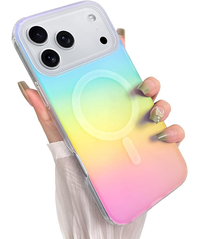 Cute Case for iPhone 17 Pro Max Case for Women Girls [Compatible with Magsafe] Aesthetic Girly Glitter Bling Rainbow Magnetic Protective Phone Cover, Translucent Iridescent Blue & Pink