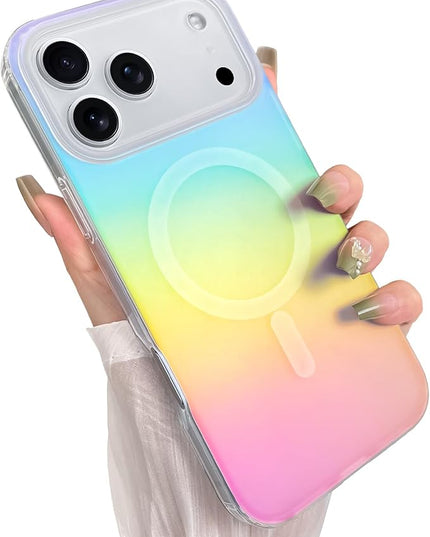 Cute Case for iPhone 17 Pro Case for Women Girls [Compatible with Magsafe] Aesthetic Girly Glitter Bling Rainbow Magnetic Protective Phone Cover, Translucent Iridescent Blue & Pink