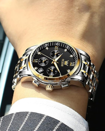 OLEVS Men's Luxury Watch Waterproof Luminous Easy Read Chronograph Watches Full Gold/White Dail/Black Face with Calendar Wristwatch