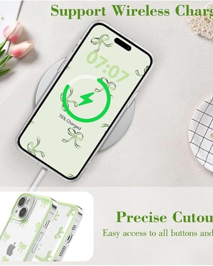 Designed for iPhone Case,Clear Cute Ribbon Bowknot Pattern Aesthetic Transparent Phone Case Raised Camera Protection Stylish Slim Soft Phone Case (Green,iPhone 13)