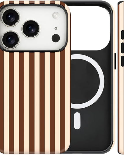 Magnetic for iPhone 17 Pro Max Case Cute Stripes Phone Case, Shockproof Slim TPU and Hard PC Protective Phone Cover Compatible with MagSafe Designed for Women Girls, Brown
