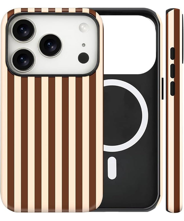 Magnetic for iPhone 17 Pro Max Case Cute Stripes Phone Case, Shockproof Slim TPU and Hard PC Protective Phone Cover Compatible with MagSafe Designed for Women Girls, Brown