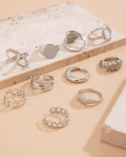 GiftInBox Gold Chunky Rings Set for Women Open Stacking Knuckle Ring Adjustable Round Dome Rings Set Minimalist Irregular Statement Women Ring Jewelry Gift
