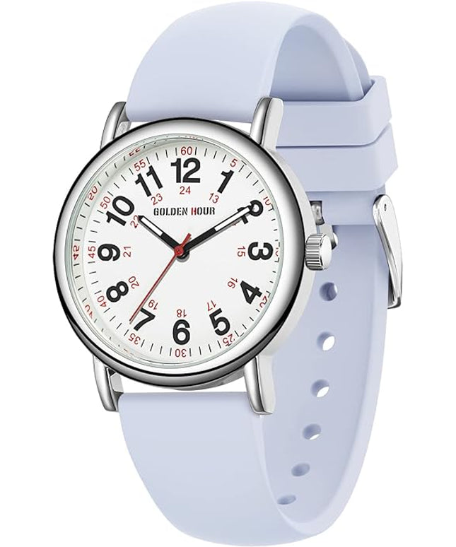 GOLDEN HOUR Waterproof Nurse Watch for Medical Professionals, Students Women Men - Military Time Luminouse Easy Read Dial, 24 Hour with Second Hand, Colorful Silicone Band