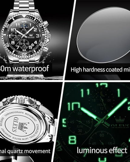 OLEVS Mens Watches Chronograph Watch Luxury Dress Stainless Steel Waterproof Watches for Men Moon Phase Luminous Business Calendar Wrist Watch Blue/Black/Green/Gold/Face