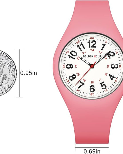 GOLDEN HOUR Waterproof Sports Analog Unisex Watches for Nurse Medical Professionals, Students - Military Time Glowing Easy to Read Dial, Jelly Silicone Strap