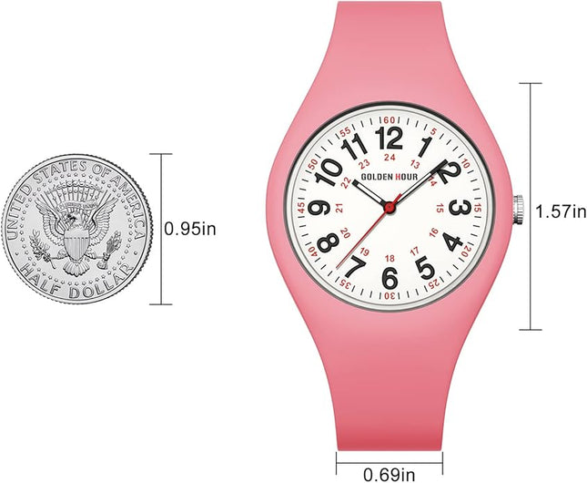 GOLDEN HOUR Waterproof Sports Analog Unisex Watches for Nurse Medical Professionals, Students - Military Time Glowing Easy to Read Dial, Jelly Silicone Strap