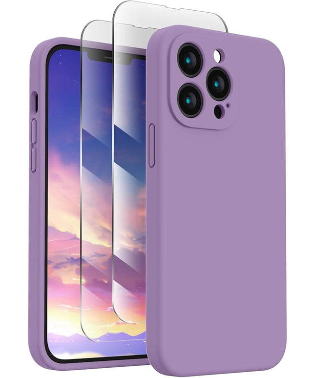 FireNova Designed for iPhone 13 Pro Max Case, Silicone [Camera Protection] Phone Case with [2 Screen Protectors], Soft Anti-Scratch Microfiber Lining Inside, 6.7 inch, Light Purple
