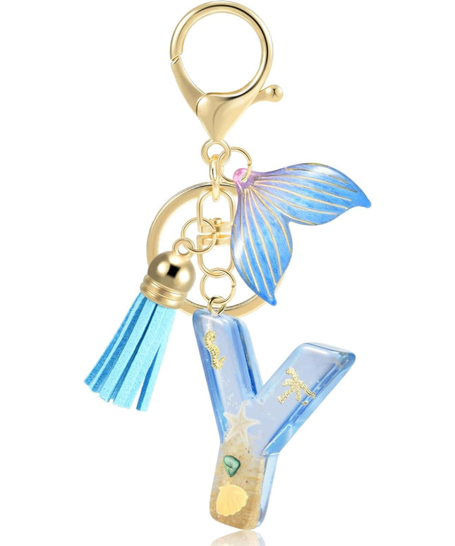 Initial letter Keychains for Women, Ocean Series Avowing Protect Earth Environment, Tassel Cute Car Keychain Initial Key Chain Keyring for Bookbag Handbag Backpack Charm Key Ring Unisex (Letter Y)