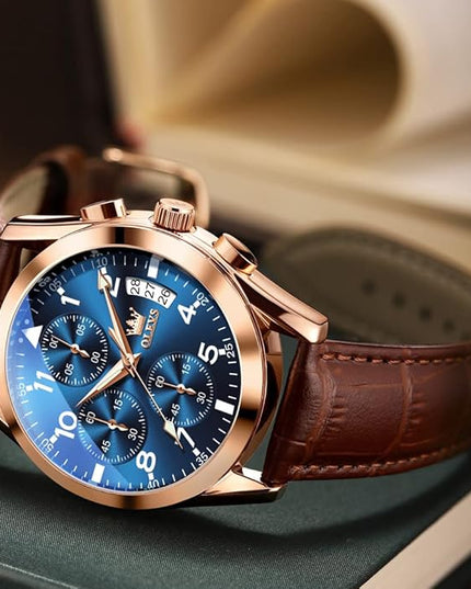 OLEVS Men's Watches Leather Strap Analog Quartz Watch, Fashion Big Dial Date Waterproof Watch, Dress Luxury Luminous Men Watches