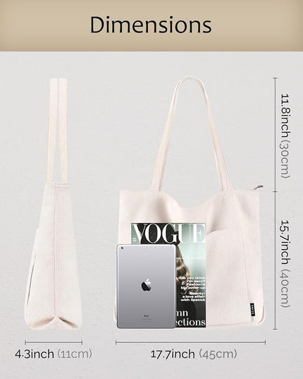 Prite Corduroy Tote Bag for Women Large Shoulder Bag with Zipper and Pockets for College Work Travel Shopping