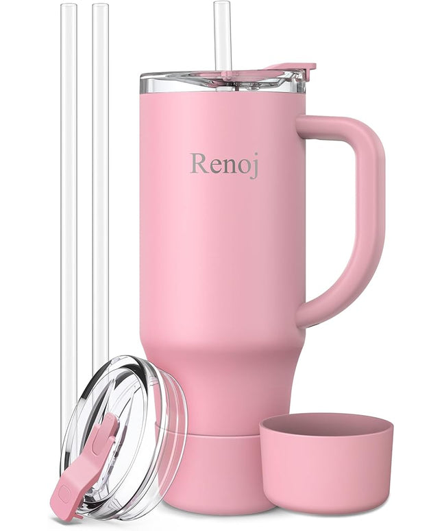 Renoj Tumbler with Handle 100% Leak Proof Insulated Water Bottle for Iced Coffee & Hot Drinks - Fits Car Cup Holder, Ideal Gift, 2 Straws & Silicone Boot BPA-Free - SnapShift Pink 32 oz