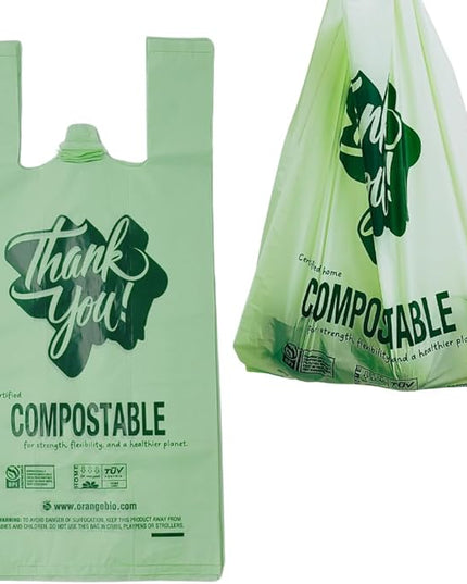 (Small) OrangeBio Certified Home Compostable Shopping Bags, 500 ct, Hold 12 lbs, 8" x 5" x 16.5", Thank You/Grocery/Take Out/T Shirt/To-Go Bags for Retail, Grocery Store