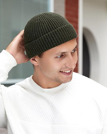 3 Pack Wool Fisherman Beanies for Men, Short Knit Watch Cap Cuffed Trawler Hats
