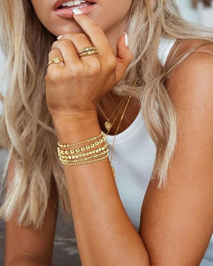 Gold Beaded Bracelets for Women, 14K Real Gold Plated Jewelry for Women Dainty Pearl Bead Bracelets Stack, Non Tarnish Trendy Stackable Ball Cross Stretch Bracelet Set Fashion Accessories Gifts