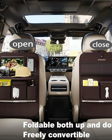 GMQ Back Seat Car Organizer 1 Pack,Backseat Organizer with Tray,Multifunctional Car Seat Back Storage Box with Foldable Tablet Holder (Coffee, Plain weave)