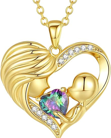 FANCIME Mom Birthstone Necklace Mother and Child Love Heart Necklace I Love You Mom Gifts Mothers Day Birthstone Jewelry Gifts for Grandmother Women Wife, 16"+2" Inches