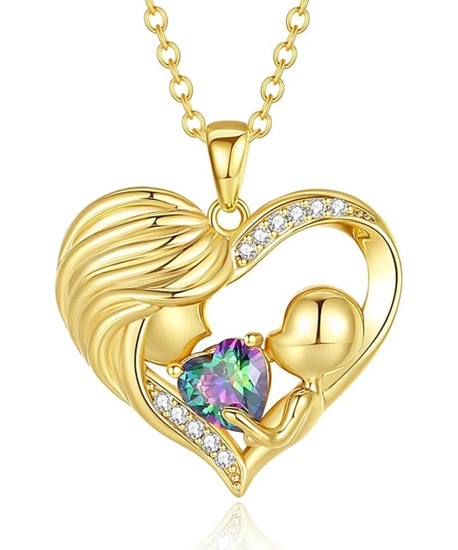 FANCIME Mom Birthstone Necklace Mother and Child Love Heart Necklace I Love You Mom Gifts Mothers Day Birthstone Jewelry Gifts for Grandmother Women Wife, 16"+2" Inches