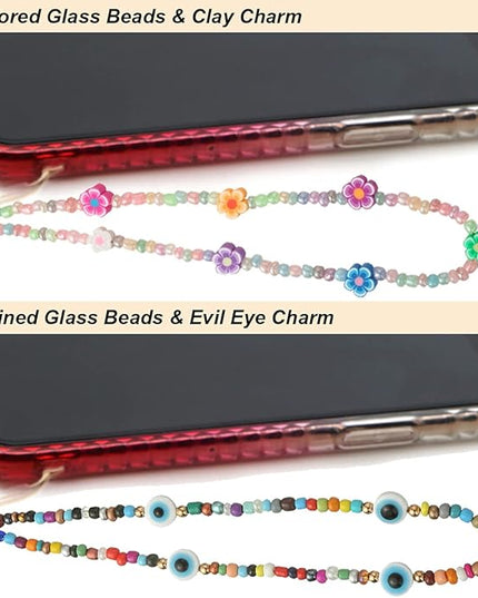 Taouzi 6PCS Beaded Phone Charms Face Fruit Star Pearl Rainbow Beads Phone Lanyard Wrist Strap for Women