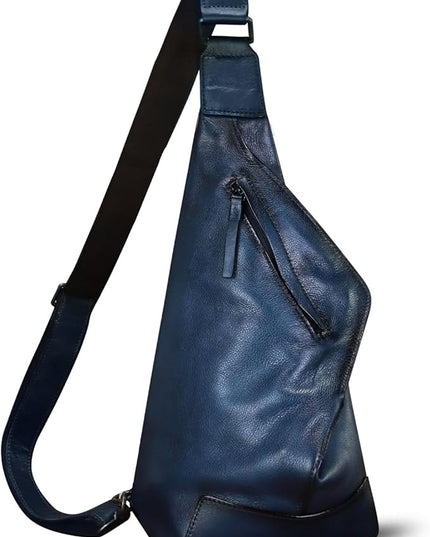 Genuine Leather Sling Bag for Men and Women Vintage Full Grain Leather Sling Purse Chest Daypack Over Shoulder Crossbody Bag (Navy)