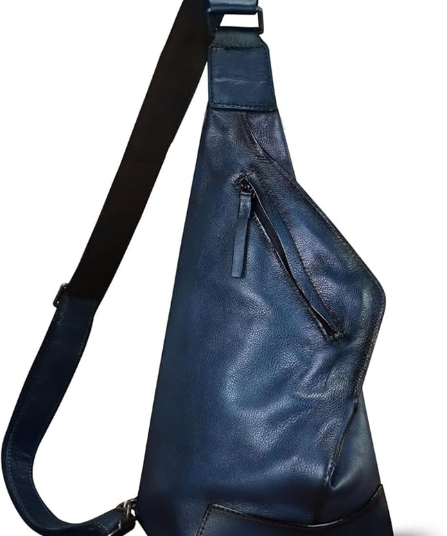 Genuine Leather Sling Bag for Men and Women Vintage Full Grain Leather Sling Purse Chest Daypack Over Shoulder Crossbody Bag (Navy)