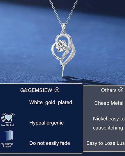 G&GEMSJEW Heart Necklaces for Women, 1-2 Carats Moissanite, 18K White Gold-Plated 925 Sterling Silver Round Brilliant Cut Moissanite Imitation Diamond Necklaces, Jewelry Gifts for Christmas Valentine's Day,Anniversary Present for Wife Women