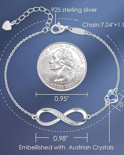 CDE Valentine's Day Gift Infinity Heart Birthstone Charm Link Bracelet for Women 925 Sterling Silver Adjustable Mother's Day Christmas Day Gift Anniversary Birthday Jewelry for Wife Girlfriend Her
