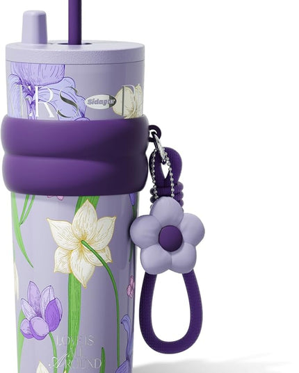 24 oz Stainless Steel Tumbler with Lid and Straw, Insulated Coffee Mug, Leak Proof, Portable Iced Travel Water Bottle, Reusable Thermal Coffee Cup, Floral Purple