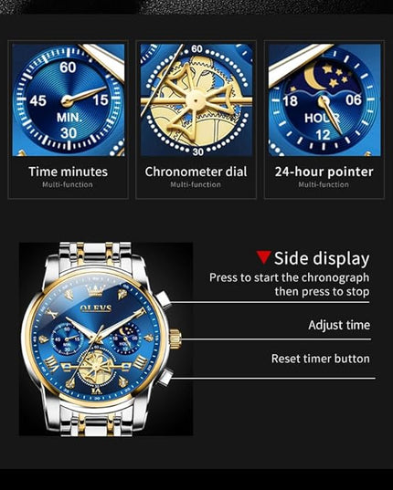 OLEVS Mens Watches Chronograph Watch Luxury Dress Stainless Steel Waterproof Watches for Men Moon Phase Luminous Business Calendar Wrist Watch Blue/Black/Green/Gold/Face