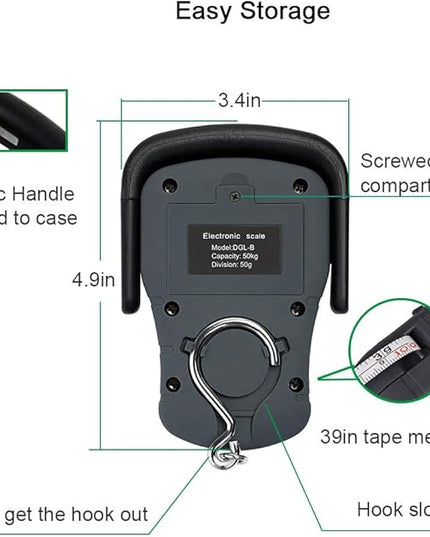 Digital Hanging Luggage Scale with Comfortable Handle and Large Hook, 110lb/50kg, Backlit Portable Scale for Travel Fishing with Tare/Hold Function, AAA Batteries Included, Grey