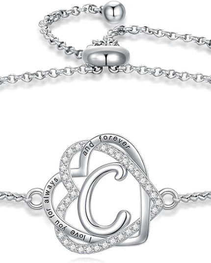 TOUPOP Gifts for Women Heart Initial Bracelet 925 Sterling Silver Double Heart Bracelet Birthday Jewelry Birthday Christmas Gifts for Her Wife Girlfriend