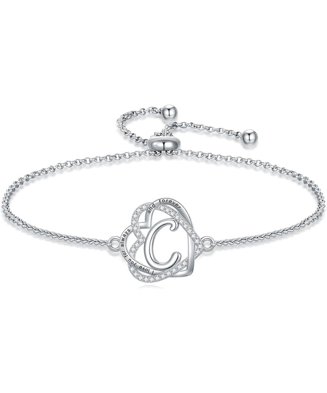 TOUPOP Gifts for Women Heart Initial Bracelet 925 Sterling Silver Double Heart Bracelet Birthday Jewelry Birthday Christmas Gifts for Her Wife Girlfriend