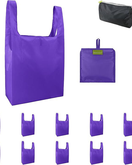 BeeGreen Purple Reusable Grocery Bags Wholesale Purple Reusable Kitchen Bags Bulk Foldable-Machine Washable with Zipper Storage Pouch 10 Packs
