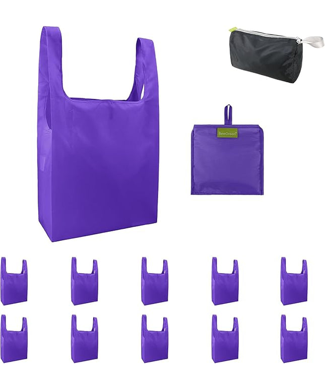 BeeGreen Purple Reusable Grocery Bags Wholesale Purple Reusable Kitchen Bags Bulk Foldable-Machine Washable with Zipper Storage Pouch 10 Packs